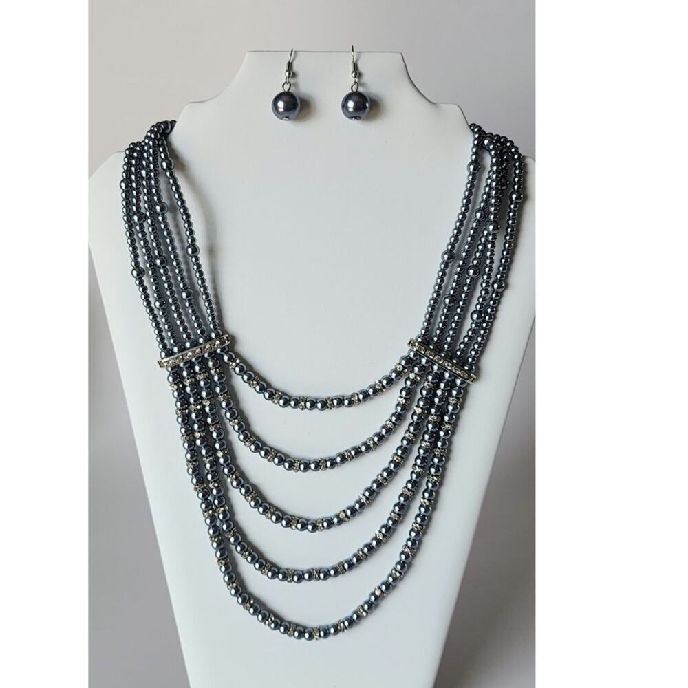 Vintage Gray Faux Pearl and Rhinestone Multi Strand Necklace & Drop Earrings Set